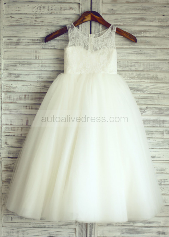 Ivory Lace Tulle Floor Length Wedding Flower Girl Dress
